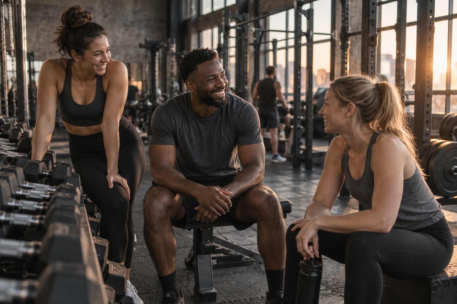 Three gym friends smiling together between sets