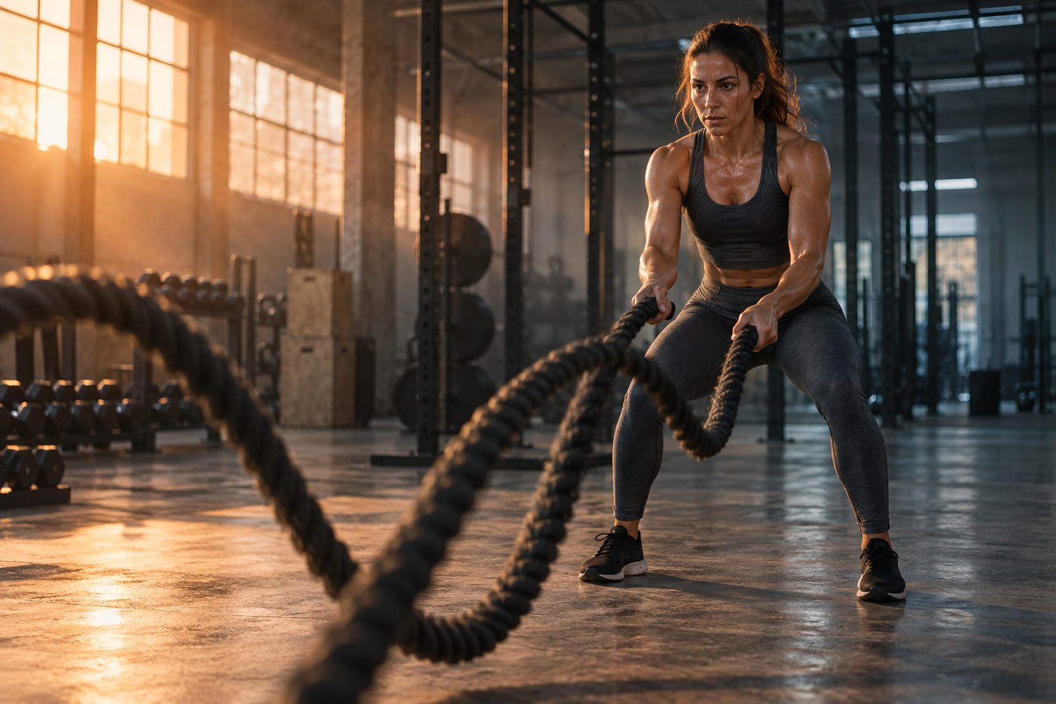An athlete training with battle ropes in a sunlit gym
