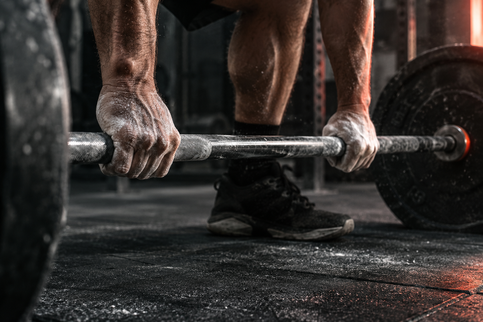 Chalked hands gripping a steel barbell